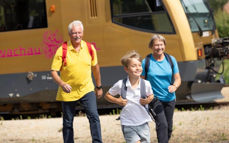 Ein Junge und zwei ältere Erwachsene mit Rucksäcken entfernen sich an einem sonnigen Tag von einem stehenden goldenen Zug.