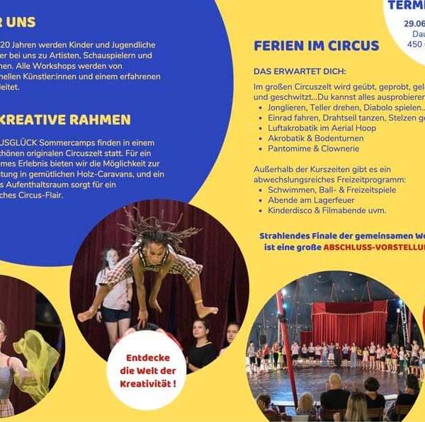 Flyer für ein Zirkus-Sommercamp für Kinder und Jugendliche mit Workshops, Aufführungen und allen wichtigen Informationen zu Terminen, Kosten und Programmhighlights.