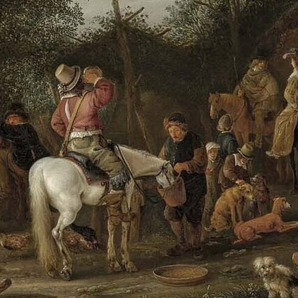 Eine Gruppe von Menschen und Tieren versammelt sich im Freien; einige sind zu Pferd, andere stehen oder sitzen neben Hunden und Hühnern, mit Bäumen und einem Gebäude im Hintergrund.