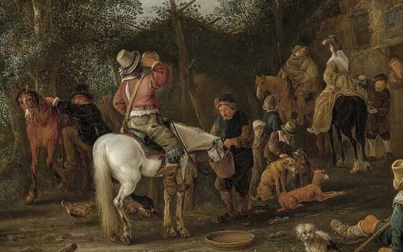 Eine Gruppe von Menschen und Tieren versammelt sich im Freien; einige sind zu Pferd, andere stehen oder sitzen neben Hunden und Hühnern, mit Bäumen und einem Gebäude im Hintergrund.