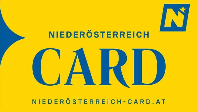 Gelb-blaue Karte mit dem Text "Niederösterreich Card" und einem Link zur Website "niederoesterreich-card.at"; mit einem "N"-Logo mit Stern.