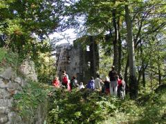 Eine Gruppe von Menschen steht in der Nähe der Ruinen eines alten Steingebäudes, umgeben von Bäumen und Grün.