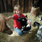 Ein kleines Kind sitzt im Stroh, lächelt und streichelt ein kleines Pferd, während es eine Ziege streichelt. Drei weitere Ziegen stehen in der Nähe in einem Holzstall.