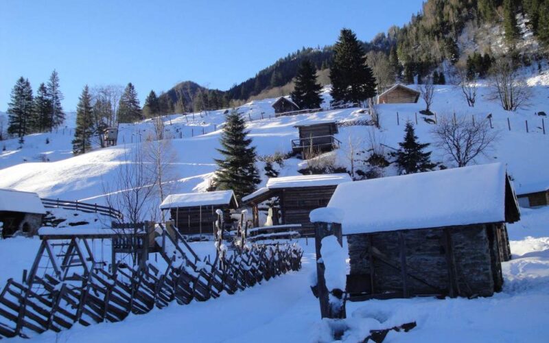 Schneebedeckte Holzhütten und Zäune an einem Hang, umgeben von Bäumen und Bergen unter einem klaren blauen Himmel.