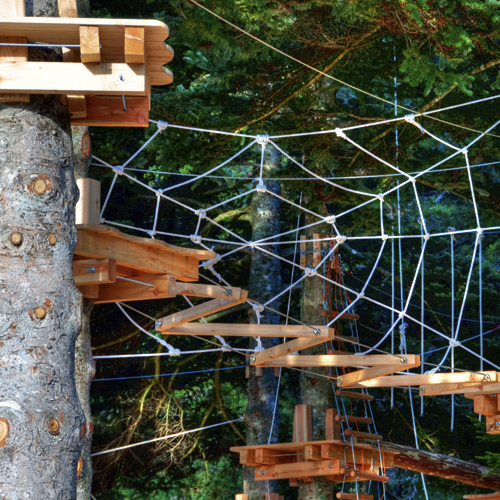 Holzplattformen und -treppen, die mit Seilnetzen und Leitern an Bäumen befestigt sind, in einem Abenteuerpark im Freien, umgeben von dichtem Grün der Bäume.