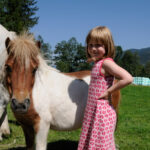 Ein junges Mädchen in einem rosa Kleid steht neben einem kleinen braun-weißen Pony auf einer Wiese mit Bäumen und Bergen im Hintergrund.