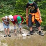 Drei Jungen stehen am Rande eines seichten Baches und betrachten etwas auf dem Boden neben einem weißen Behälter. Im Hintergrund sind Bäume und Grünflächen zu sehen.