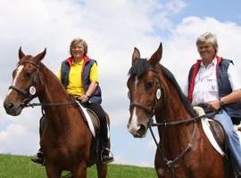 Zwei Personen reiten auf braunen Pferden im Freien auf einer Wiese unter einem teilweise bewölkten Himmel.