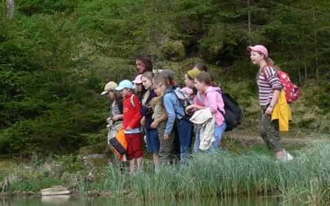 Eine Gruppe von Kindern und ein Erwachsener stehen dicht beieinander am Rande eines Teiches und blicken auf das Wasser, umgeben von grüner Vegetation und Bäumen.