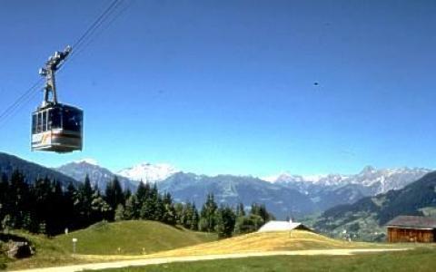 Eine Seilbahn fährt über einen grasbewachsenen Hang mit vereinzelten Bäumen, Almhütten und entfernten schneebedeckten Bergen unter einem klaren blauen Himmel.