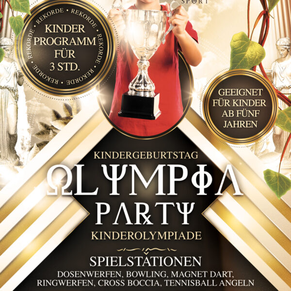 Ein lächelndes Kind hält einen Pokal, umgeben von goldenen und weißen Grafikelementen, die für eine olympische Kindergeburtstagsfeier mit Spielen und Aktivitäten für Kinder ab fünf Jahren werben.