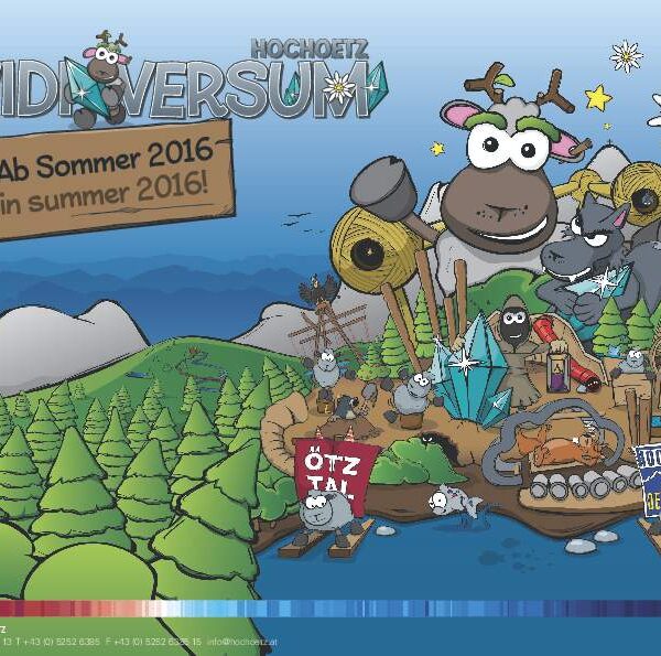 Cartoon-Illustration eines Bergerlebnisparks mit Tieren, Bäumen und Schildern, die die Eröffnung des Widiversums in Hochoetz ankündigen, Sommer 2016.