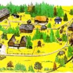 Illustrierte Karte eines ländlichen Dorfes mit nummerierten traditionellen Häusern, Scheunen und Wegen, umgeben von Bäumen und offenen Feldern.