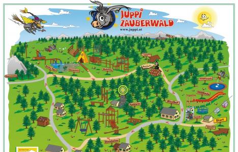 Illustrierte Karte des Juppi-Zauberwald-Erlebnisparks mit Waldgebieten, verschiedenen Spielgeräten, Wegen, beschrifteten Aktivitätspunkten, Hütten und Zeichentrick-Tieren.