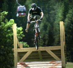 Eine Person mit Helm fährt mit einem Mountainbike von einer Holzrampe mit einer Seilbahn und Bäumen im Hintergrund.