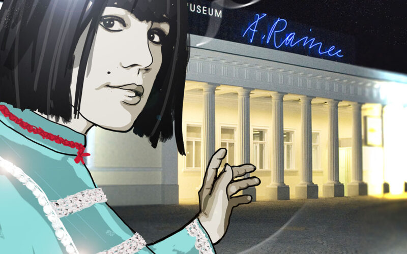 Illustrierte Frau mit kurzen dunklen Haaren und blauem Kleid gestikuliert in Richtung eines hell erleuchteten Gebäudes mit Säulen mit der Aufschrift "A. Rainee Museum" bei Nacht.