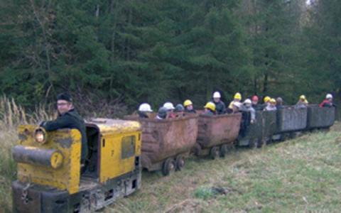 Eine kleine gelbe Grubenbahn mit offenen Wagen befördert Menschen mit Helmen durch eine Wiese neben einem Wald.