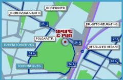 Eine Karte, die die Lage von "Sport & Fun" hervorhebt, mit Beschriftung der umliegenden Straßen, einschließlich Polgarstraße, Stadlauer Straße und Rugierstraße.