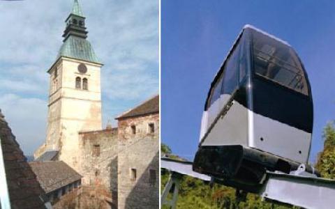 Geteiltes Bild: Links ein historischer Steinturm mit grüner Spitze, rechts eine moderne, verglaste Standseilbahn oder Seilbahn vor blauem Himmel.