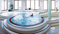 Indoor-Spa-Bereich mit Jacuzzi-Pool, großen Fenstern, weißen Wänden, einer Pflanze in der Ecke und einer Person im Wasser.