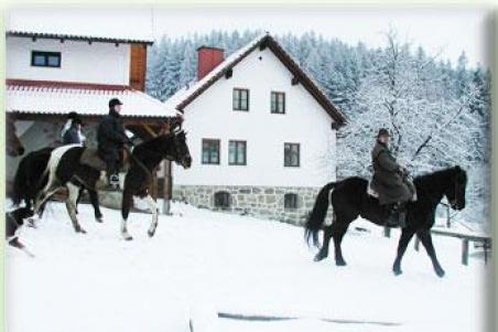 Drei Menschen reiten an einem Wintertag auf Pferden vor verschneiten Häusern und Bäumen.