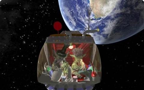 Zwei animierte Außerirdische sitzen in einem kleinen Raumschiff, das im Weltraum schwebt, während im Hintergrund die Erde zu sehen ist.