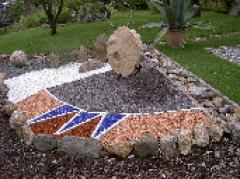 Ein kleiner, mit Steinen eingefasster Steingarten mit einem großen aufrechten Felsen und buntem Kies, der in geometrischen Mustern angeordnet ist. Im Hintergrund sind grünes Gras und Pflanzen zu sehen.