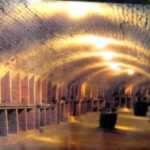 Ein Weinkeller mit gemauerten Bögen, in dem die Flaschen in Regalen an den Wänden ausgestellt sind und von der Deckenbeleuchtung beleuchtet werden.