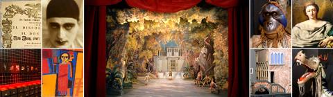 Eine Theaterbühne mit einer gemalten Waldkulisse wird von acht kleineren Bildern flankiert, darunter Porträts, Kunstwerke, eine Maske und eine Marionette.