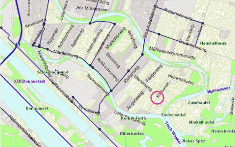 Eine detaillierte Straßenkarte, die ein Gebiet in Wien in der Nähe der Donau hervorhebt, wobei ein roter Kreis einen bestimmten Ort markiert. Straßen, Wasserwege und Parks sind beschriftet.