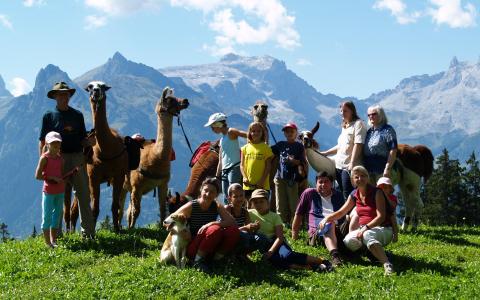 Eine Gruppe von Menschen, darunter auch Kinder, posiert mit mehreren Lamas auf einem grasbewachsenen Hügel mit Bergen und blauem Himmel im Hintergrund.