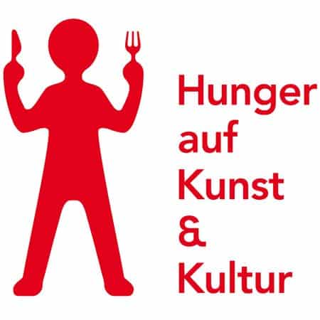 Eine rote Silhouette hält eine Gabel und ein Messer neben dem deutschen Text "Hunger auf Kunst & Kultur" auf weißem Hintergrund.