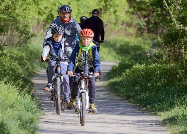 Zwei Kinder und zwei Erwachsene fahren an einem sonnigen Tag mit dem Fahrrad auf einem schmalen, von Bäumen gesäumten Weg.