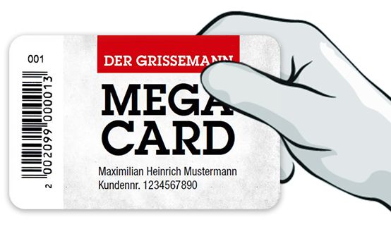 Eine Hand hält eine Kundenkarte mit der Aufschrift "Der Grisemann Mega Card" mit einem Barcode und Kundeninformationen.