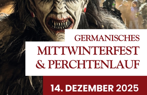 Eine Person in einem detailgetreuen, monströsen Perchtenkostüm mit Reißzähnen und langen Haaren auf einem Veranstaltungsplakat für ein germanisches Mittwinterfest vom 14. Dezember 2025.